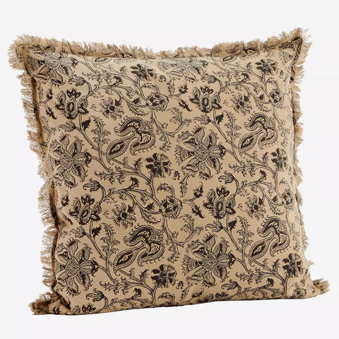 Black & Camel Fringed Printed Cushion - Bagel&Griff