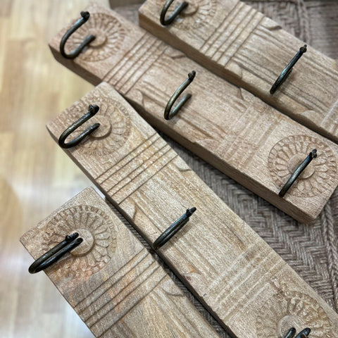 Carved Wooden Row of 3 Hooks