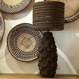 Carved Wooden Lamp with Recycled Cardboard Shade.