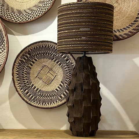 Carved Wooden Lamp with Recycled Cardboard Shade