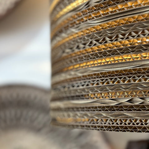 Carved Wooden Lamp with Recycled Cardboard Shade