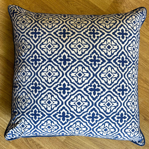 Blue and White Tile Printed Cushion