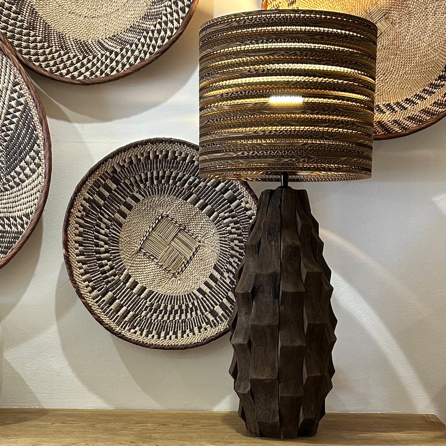 Carved Wooden Lamp with Recycled Cardboard Shade.