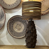Carved Wooden Lamp with Recycled Cardboard Shade.