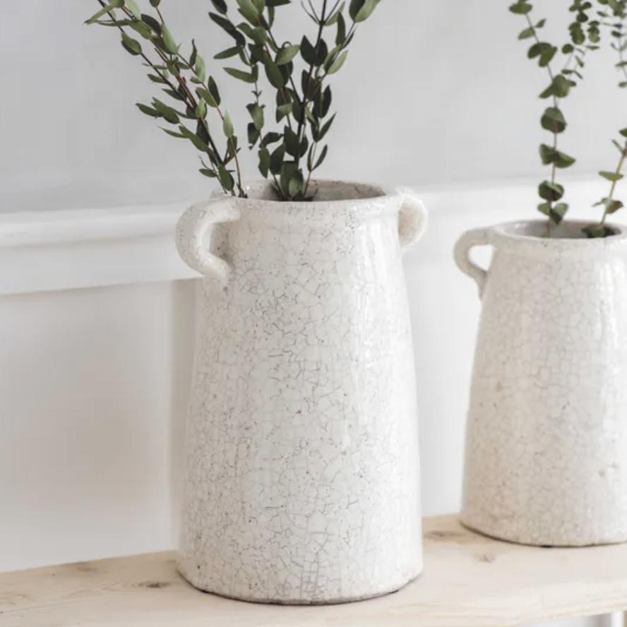 Large White Handled Crackled Vase - Bagel&Griff